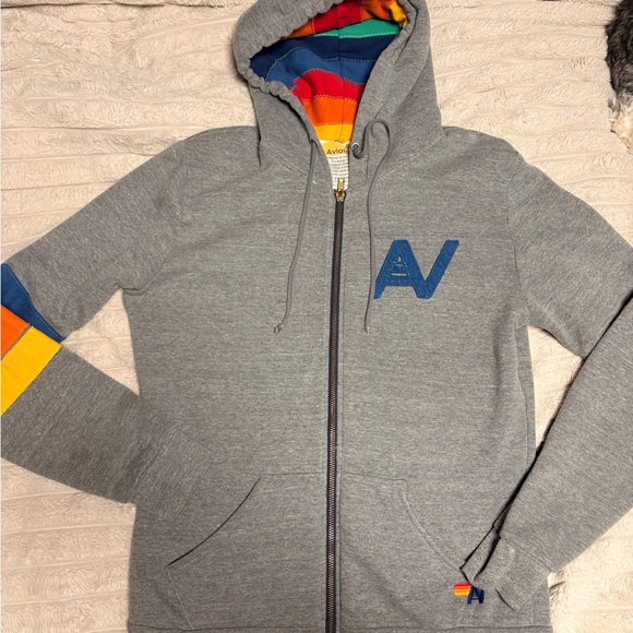 Aviator Nation Gray Zip-Up Hoodie with Colorful Sleeve Stripes - Picture 2 of 3